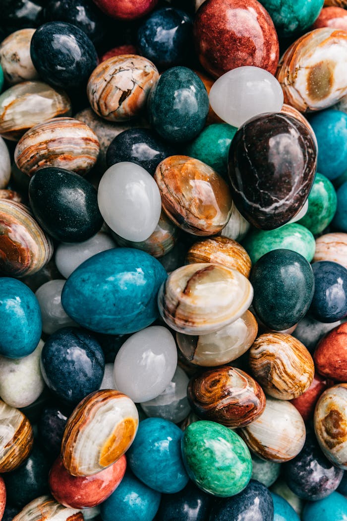 A vivid assortment of polished natural stones showcasing diverse colors and textures.